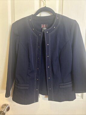 R&K Women Navy Blazer Size 8 Jacket 3/4 Sleeves W/tan Trimming Work Office